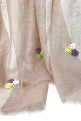 Beige Embroidered Silk Linen Cashmere Scarf