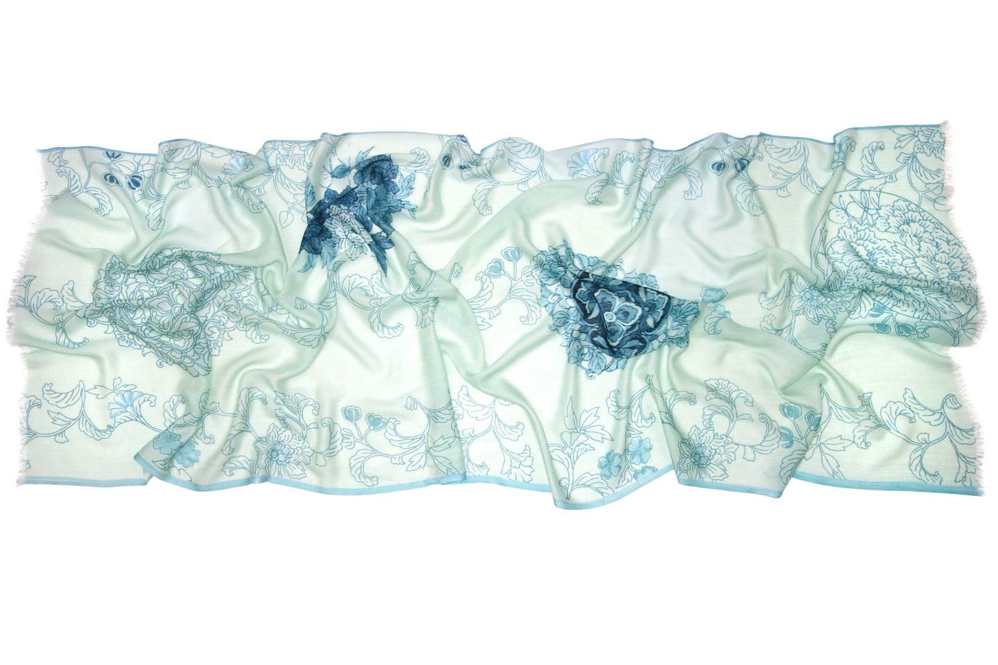 Aqua Floral Print Silk Cashmere Scarf 5- Pashma Women's