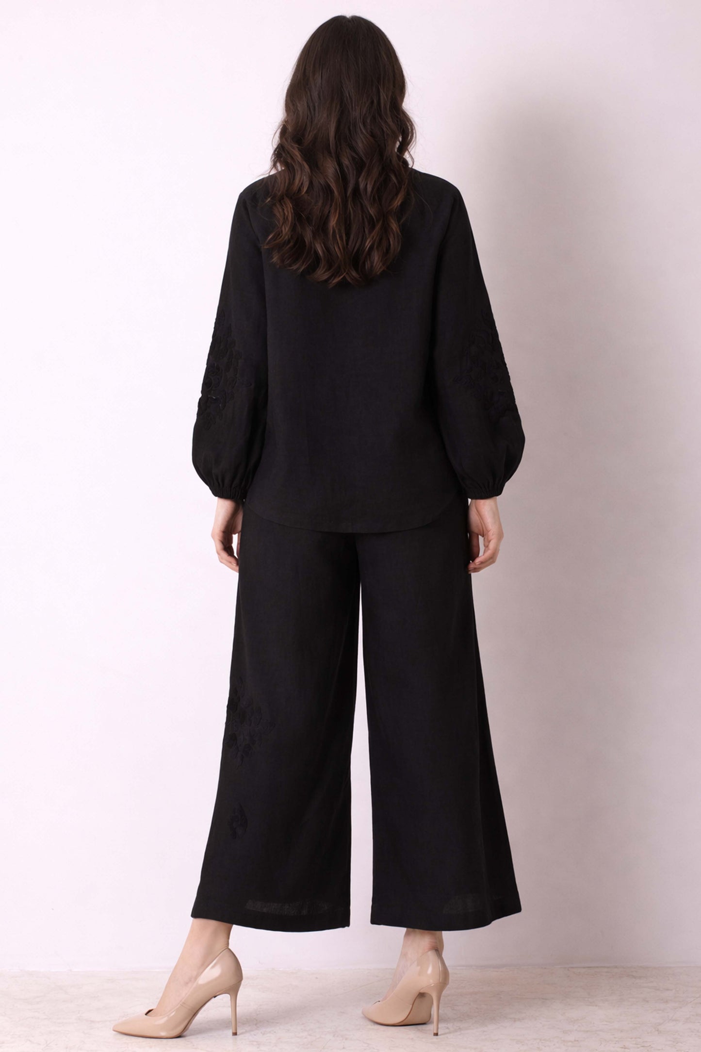 Black Buckley Embroidered Linen Wide-Leg Pants 3- Pashma Women's