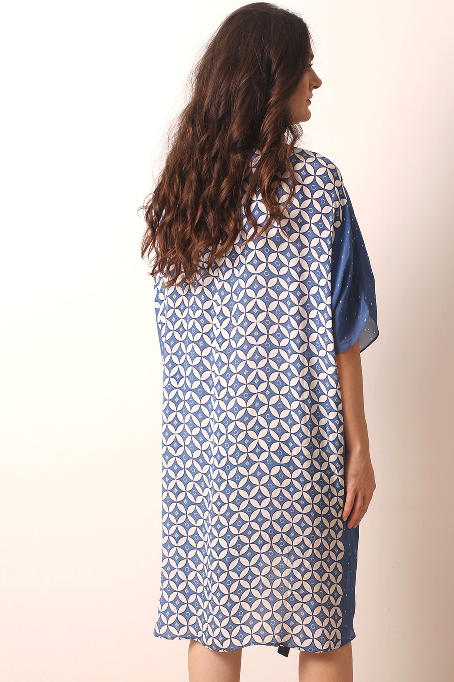 Blue Geometric Viscose Tabby Kaftan Dress 3- Pashma Women's