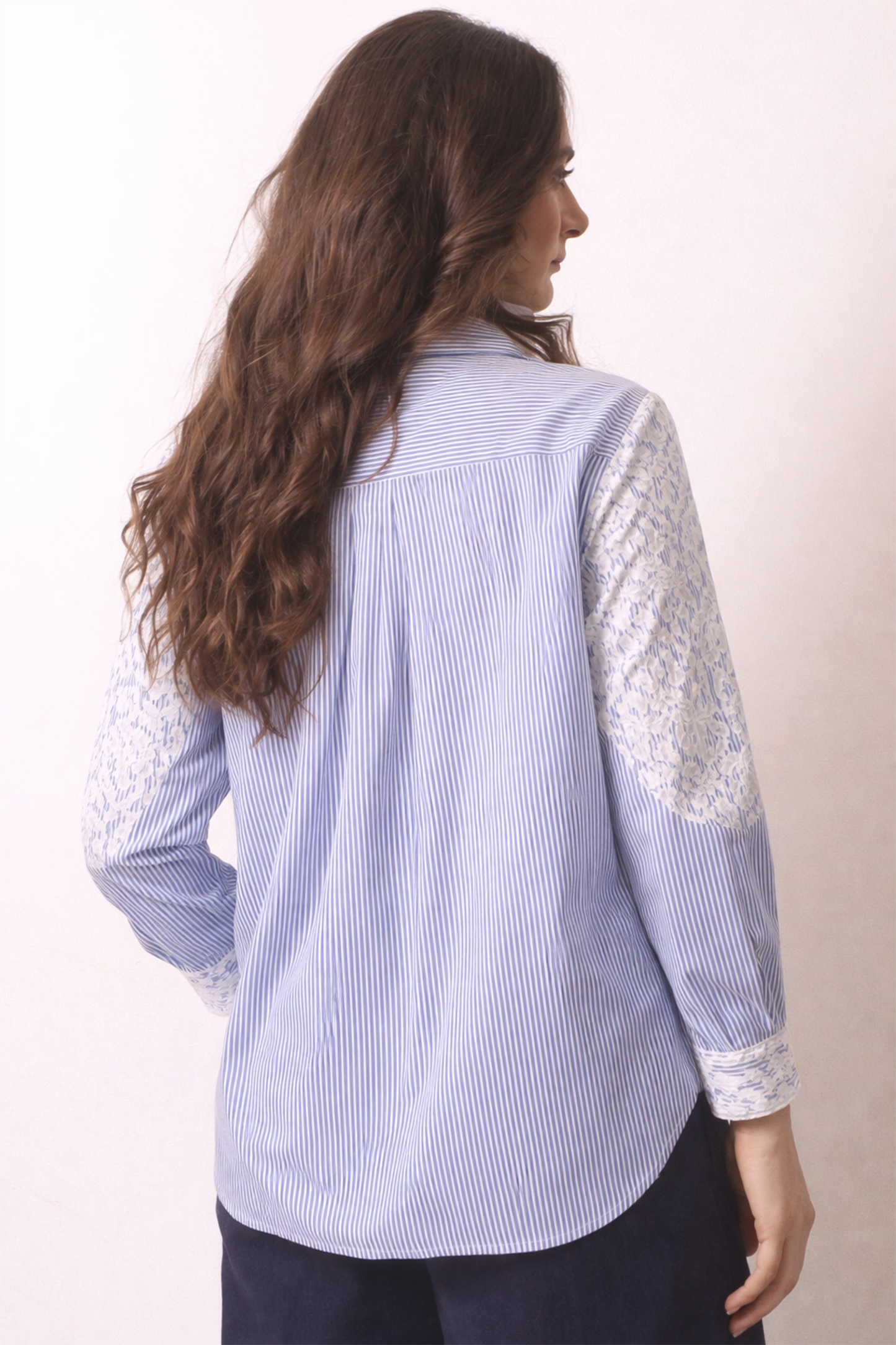 Blue Stripe Lace Panel Shirt 1- Pashma Women's