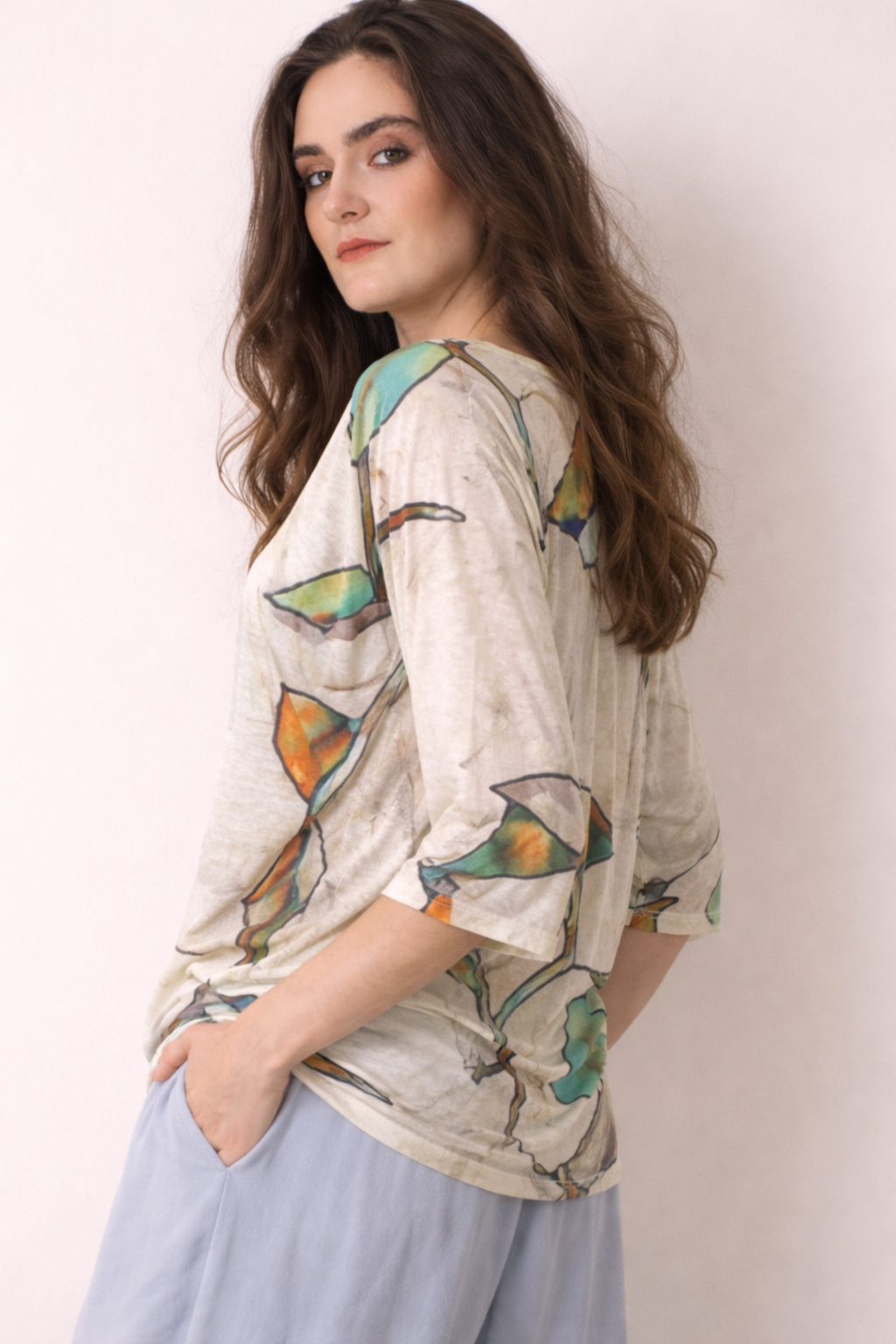 Multicolor knitted linen printed T-shirt 2- Pashma Women's