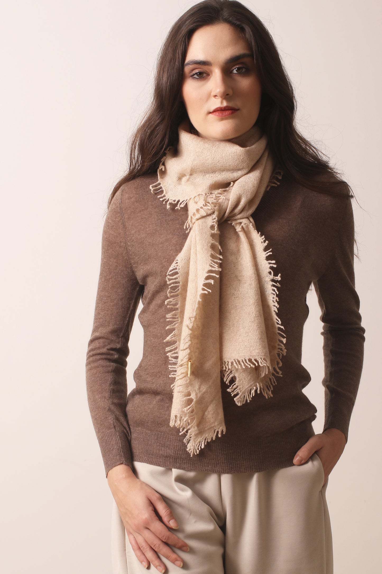 Oatmeal Knitted Cashmere Scarf 3- Pasha Women's