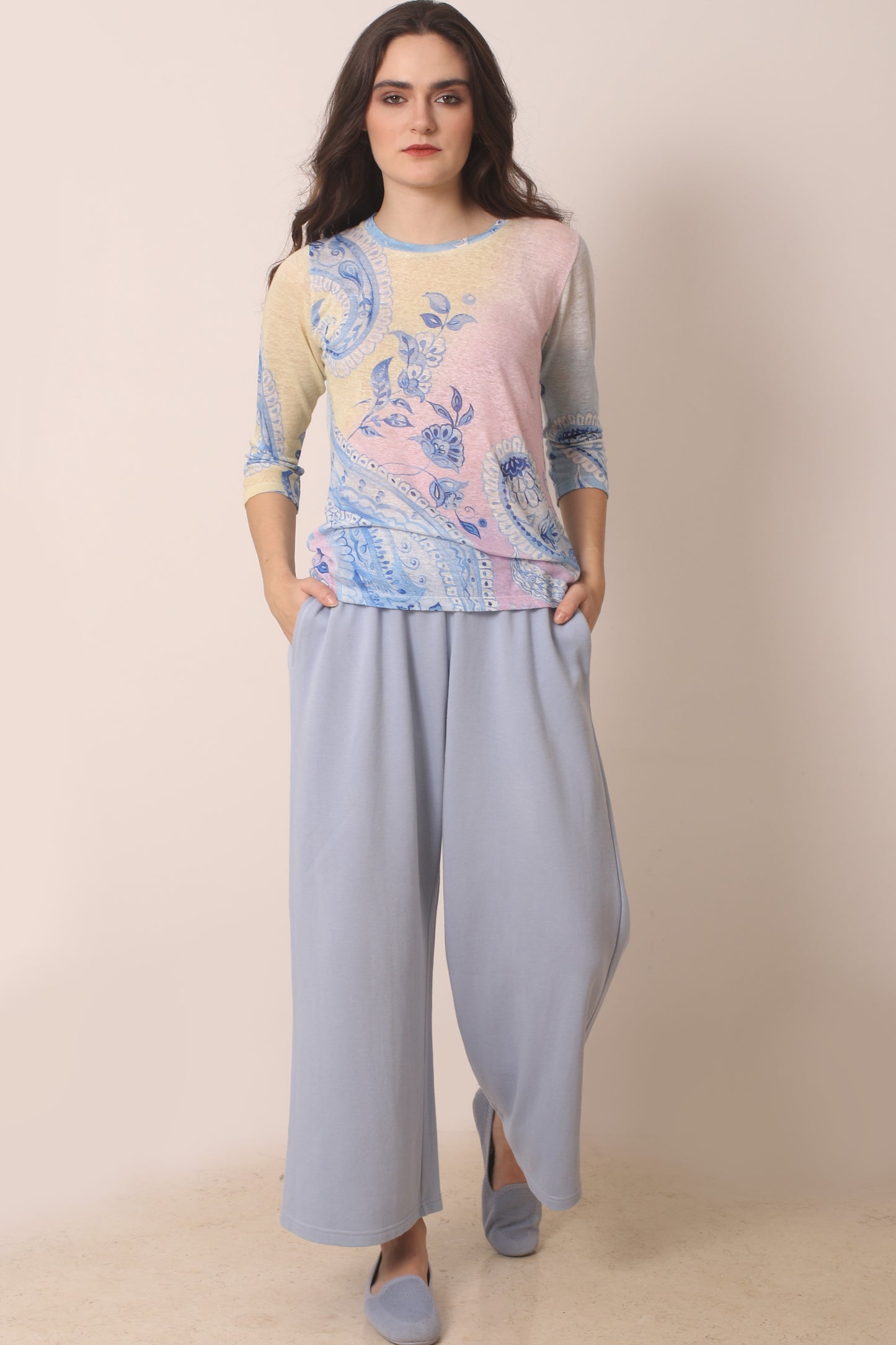 Pastel Knitted Linen printed T shirt 3- Pashma Women's