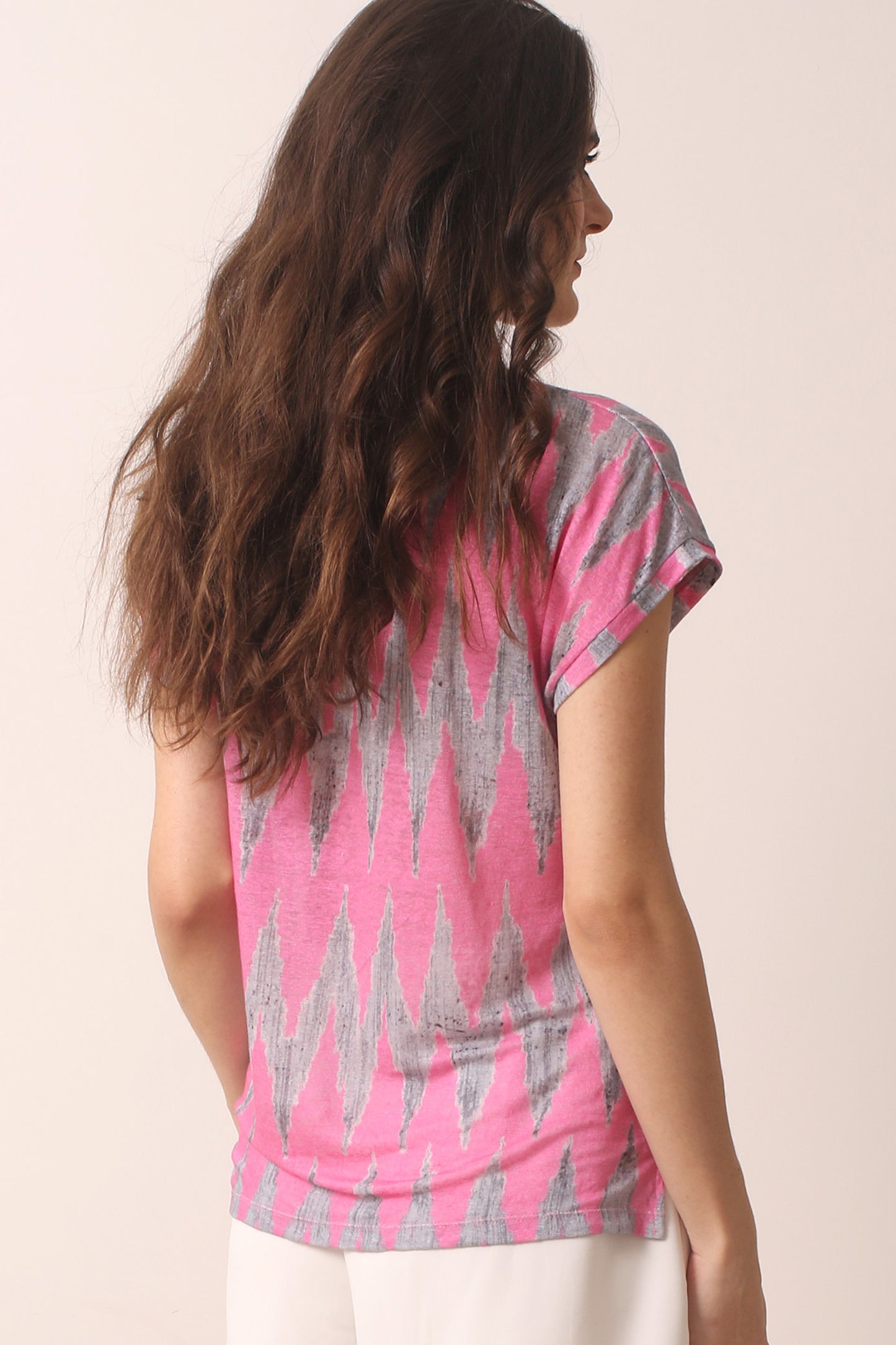 Pink ikat knitted linen T-shirt 3- Pashma Women