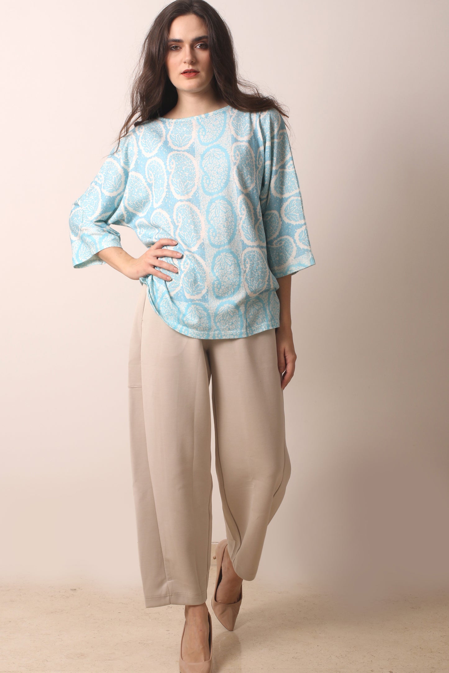 Sky Blue Cotton Cashmere Paisley T Shirt 3- Pashma Women's
