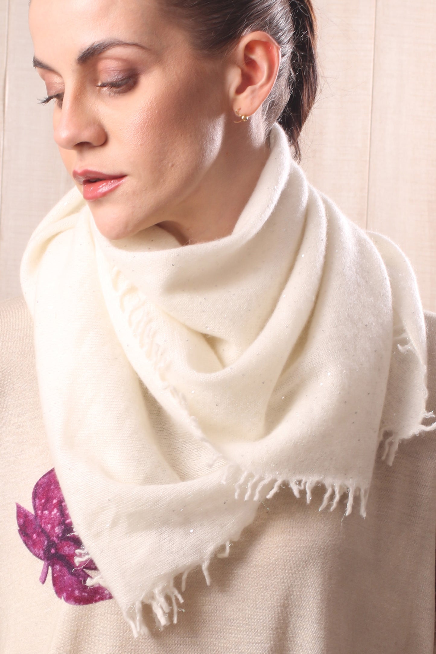 Swan White Diamond Yarn Cashmere Scarf 3- Pashma Women's