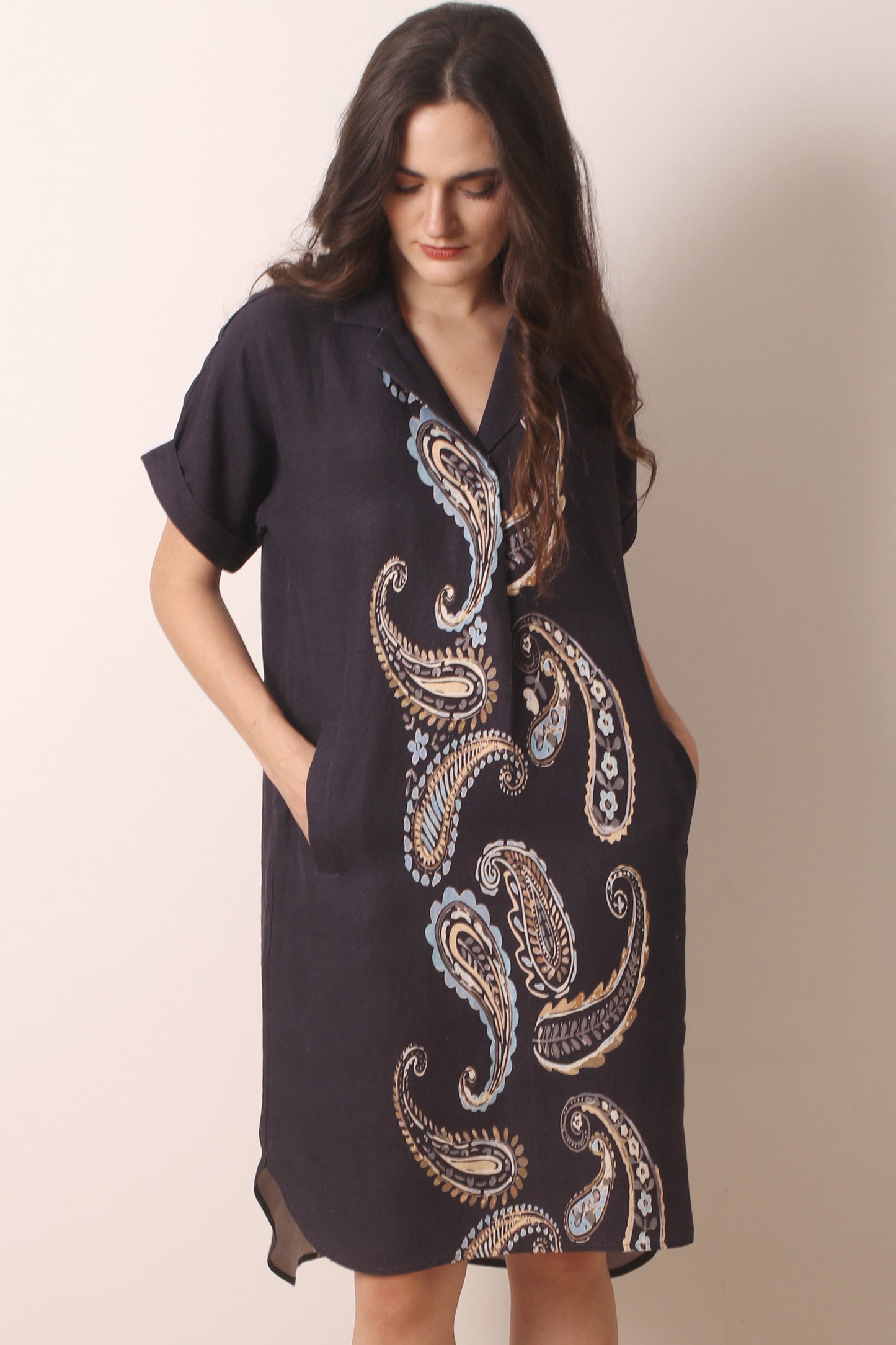 Black Paisley Printed Linen Dress