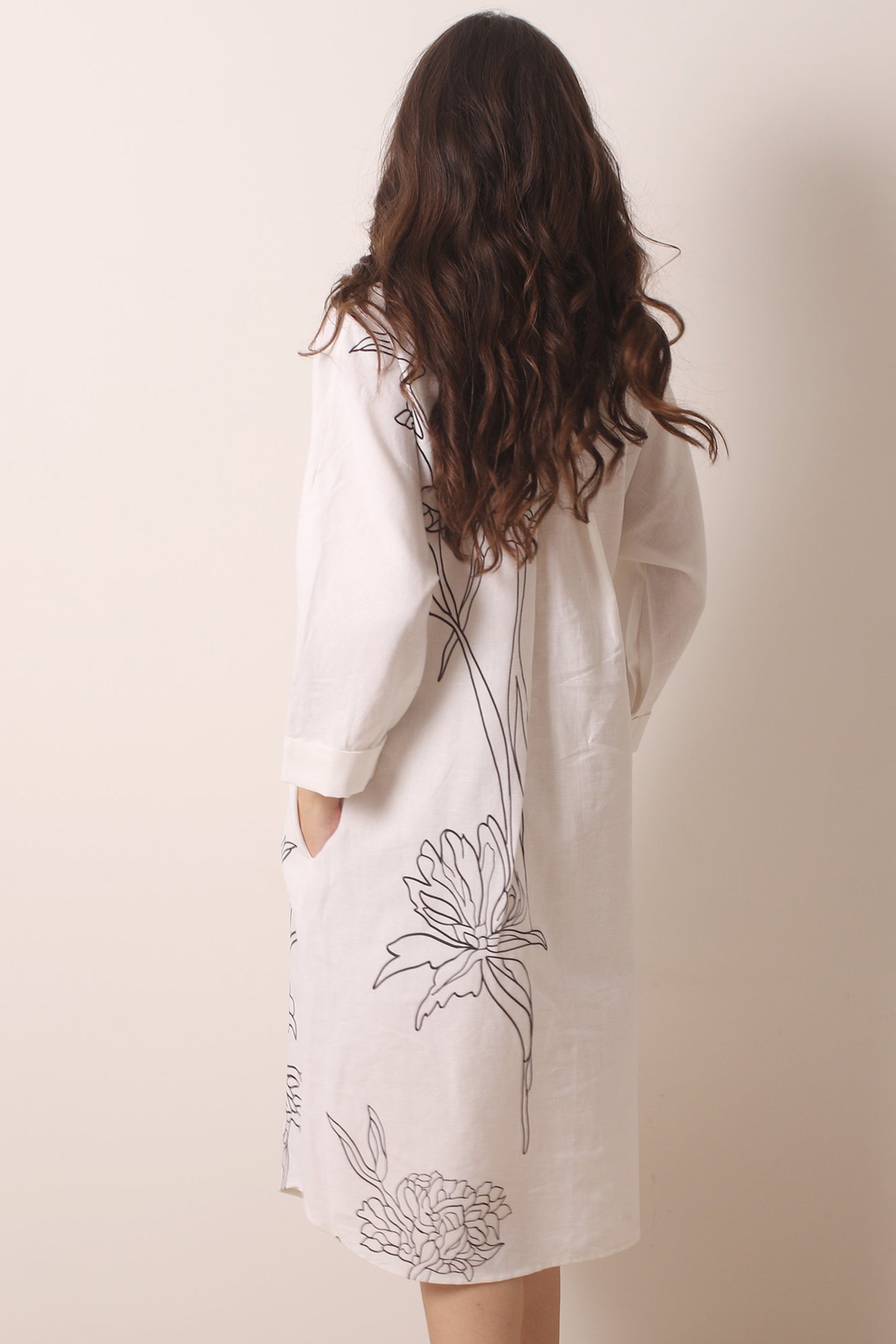 White Floral Printed Linen Shirt Dress 3- Pashma Women's