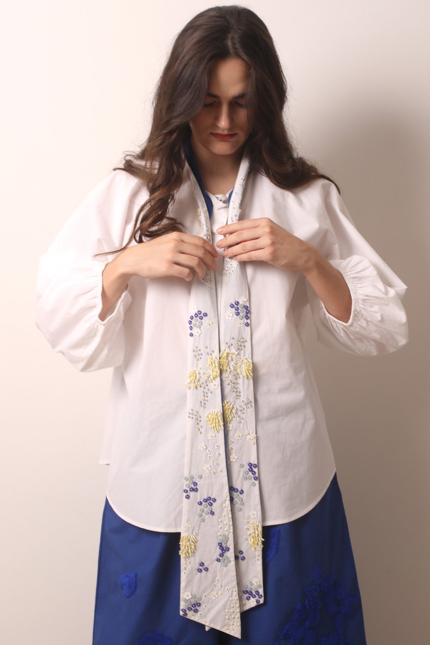 White Tie neck French Cotton Shirt 4-Pashma Women's