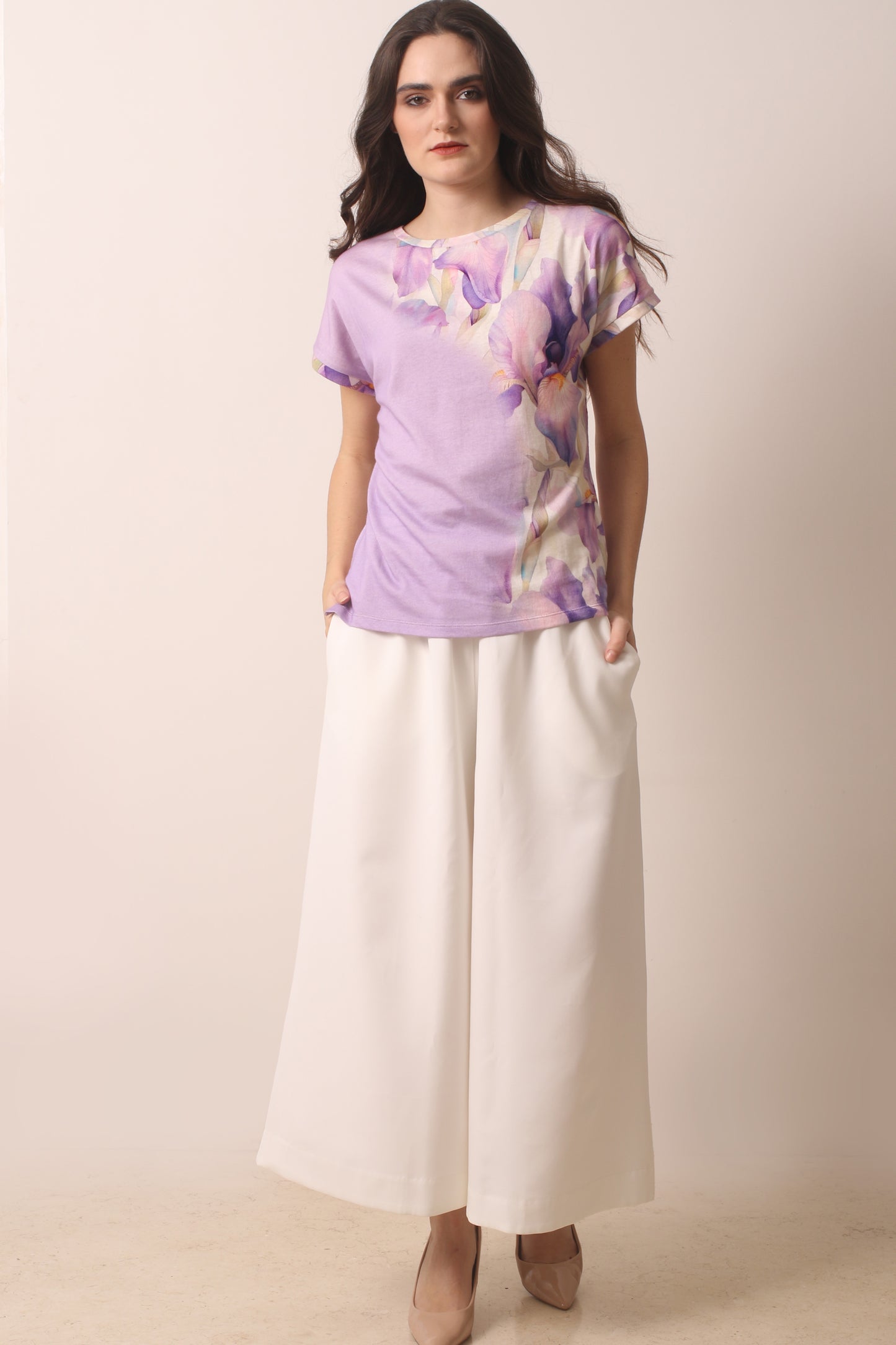 lilac floral print cotton cashmere T-shirt 3- Pashma Women's