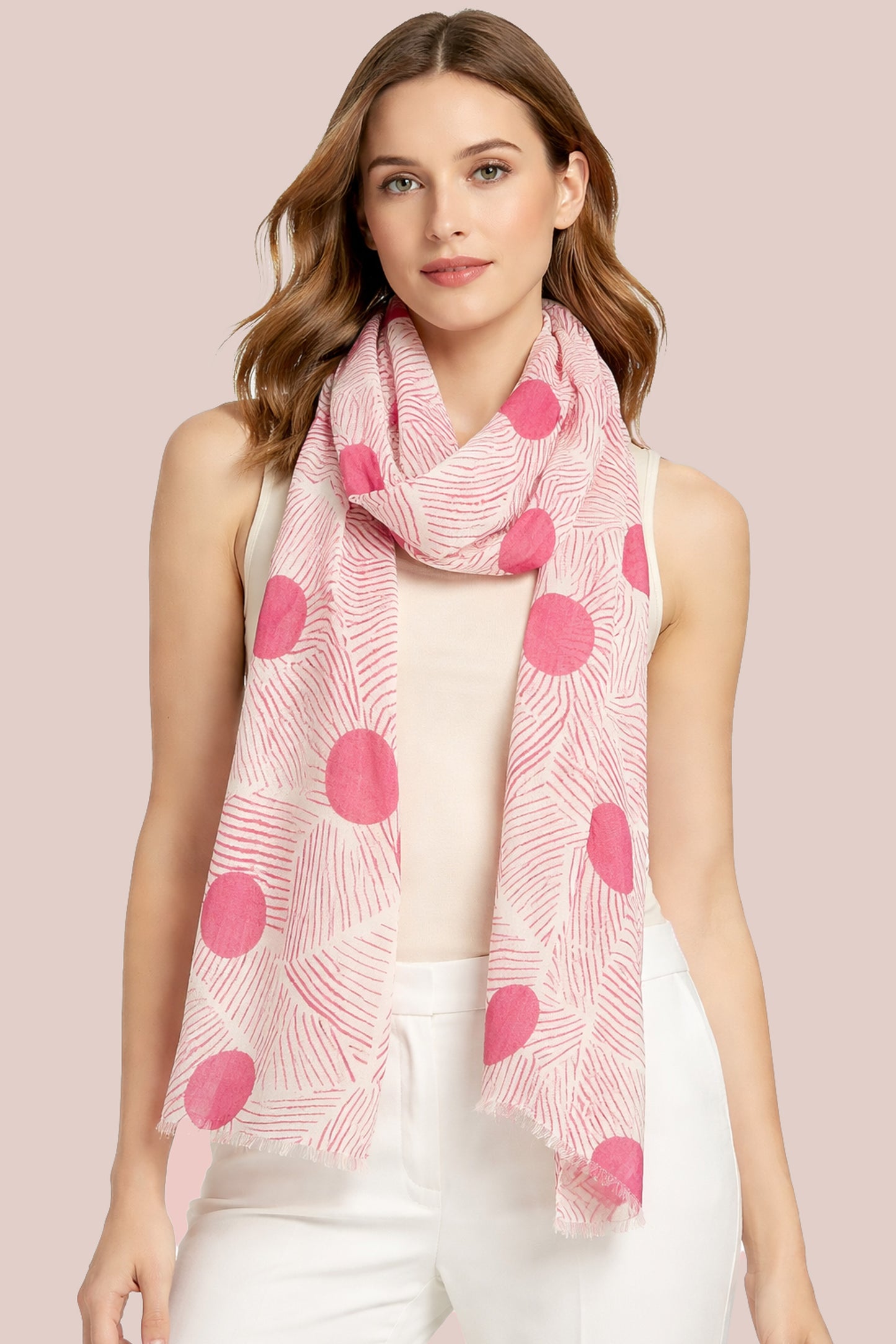 Ivory and Fuchsia Geometric Silk Cashmere Scarf
