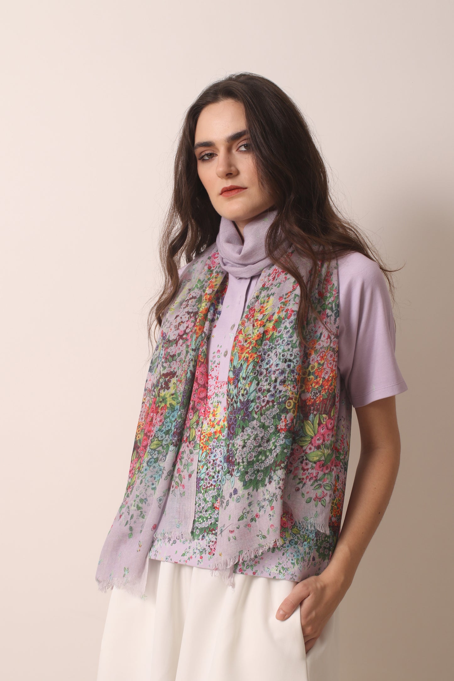 Lavender Wild flowers Silk Cashmere Scarf