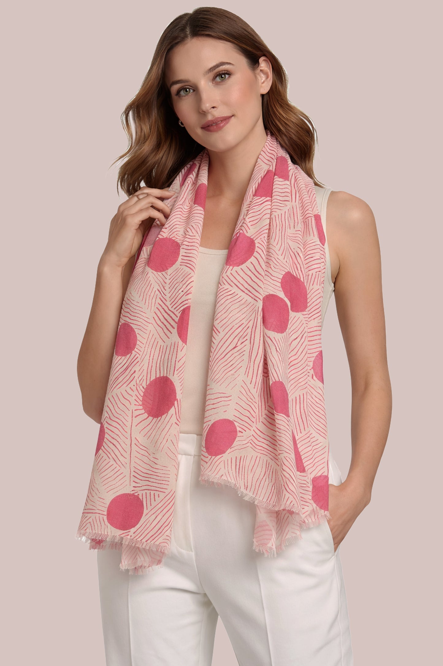 Ivory and Fuchsia Geometric Silk Cashmere Scarf