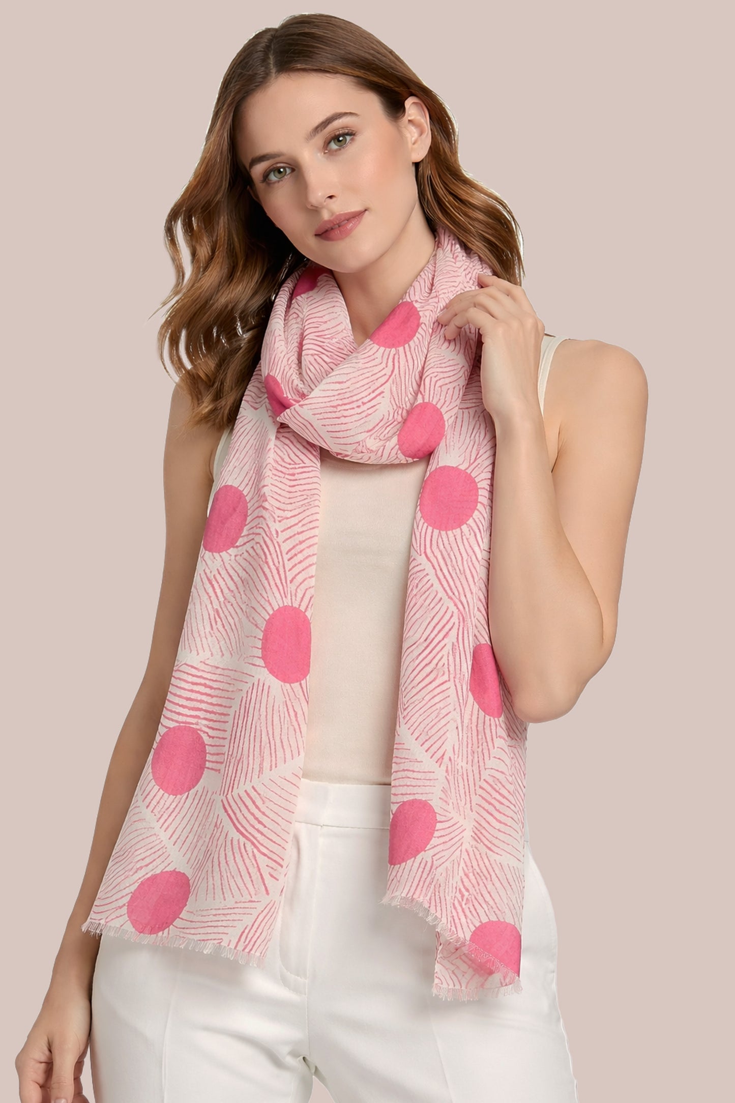 Ivory and Fuchsia Geometric Silk Cashmere Scarf