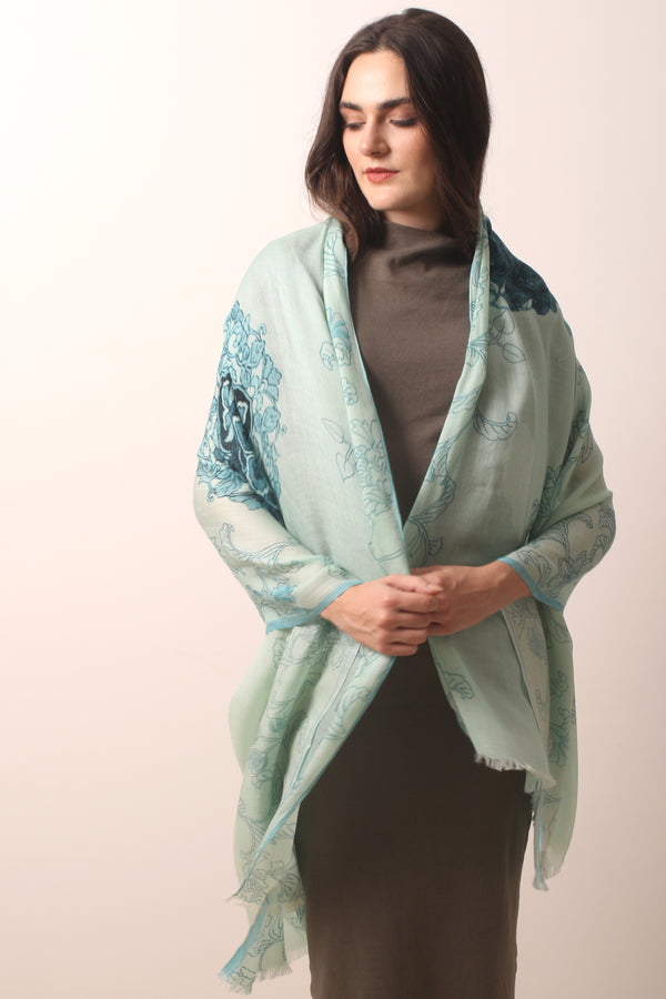 Aqua Floral Print Silk Cashmere Scarf- Pashma Women's