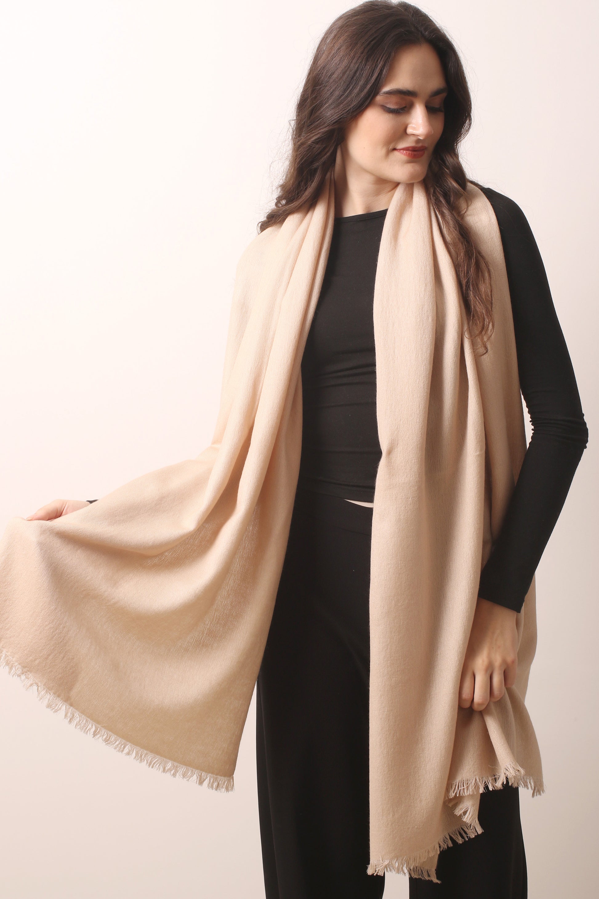 Beige Silk Cashmere Twill Scarf 1- Pashma Women's