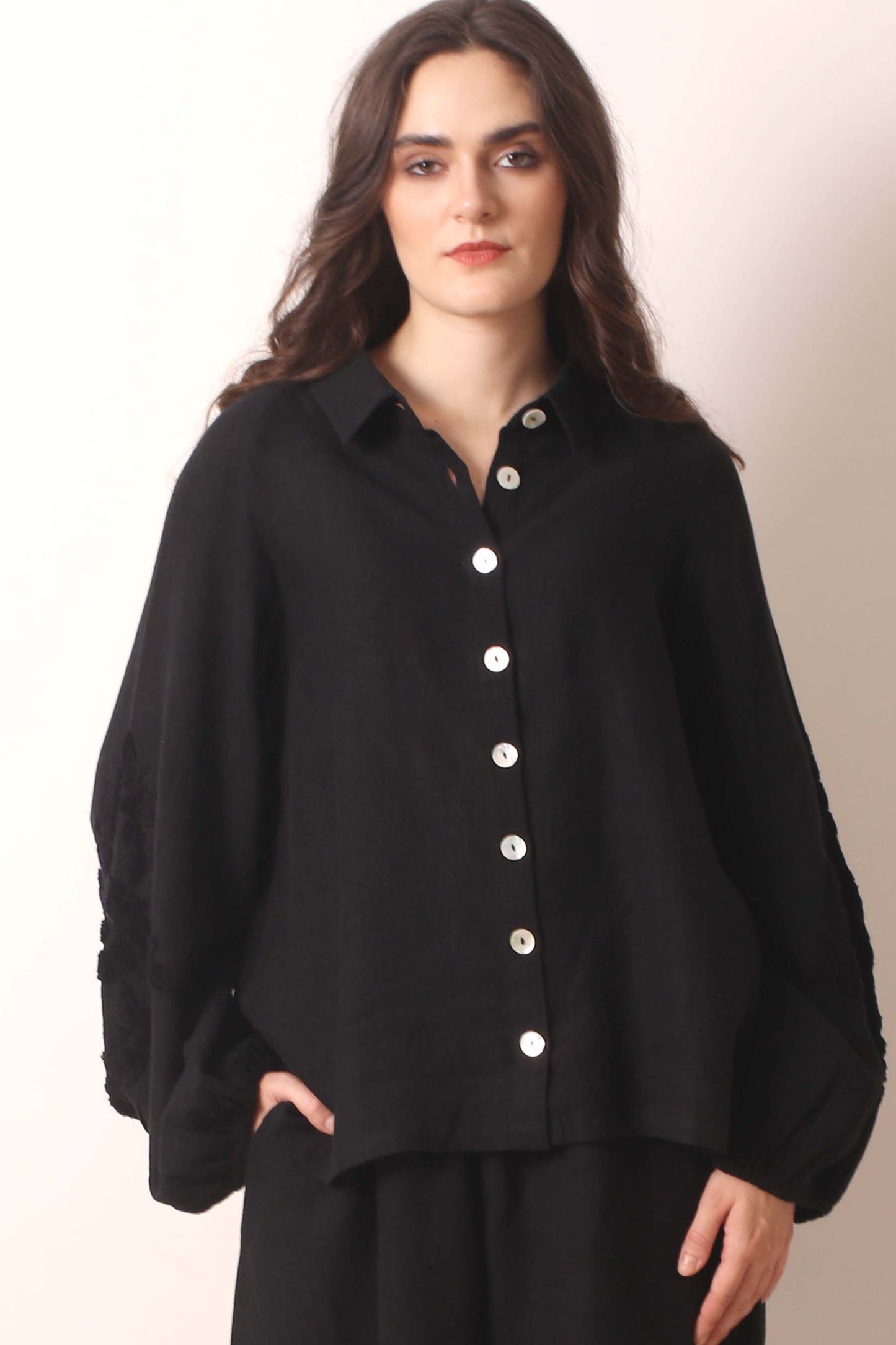 Black Buckley Embroidered Linen Shirt- Pashma Women's