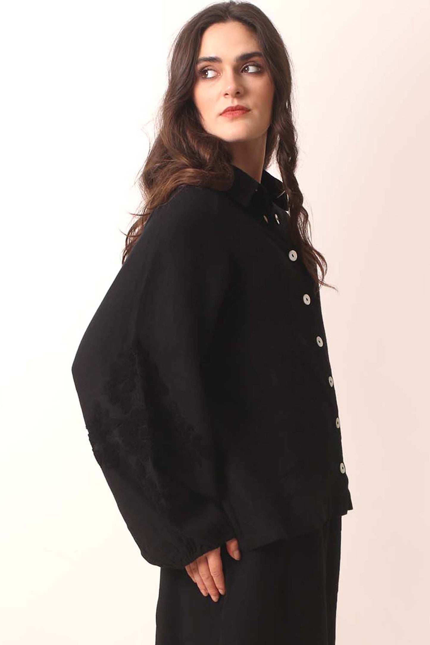 Black Buckley Embroidered Linen Shirt 1- Pashma Women's
