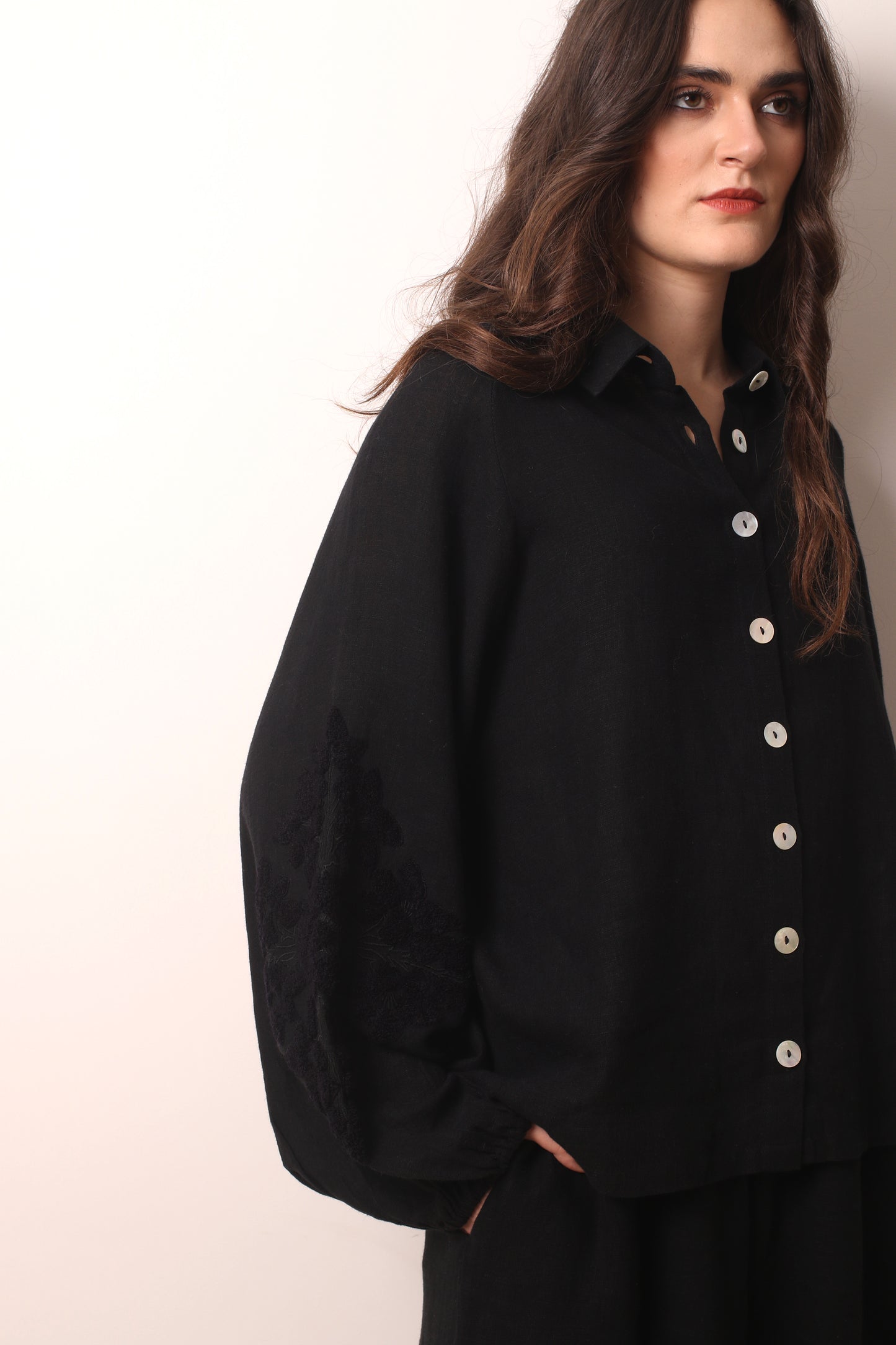 Black Buckley Embroidered Linen Shirt 2- Pashma Women's
