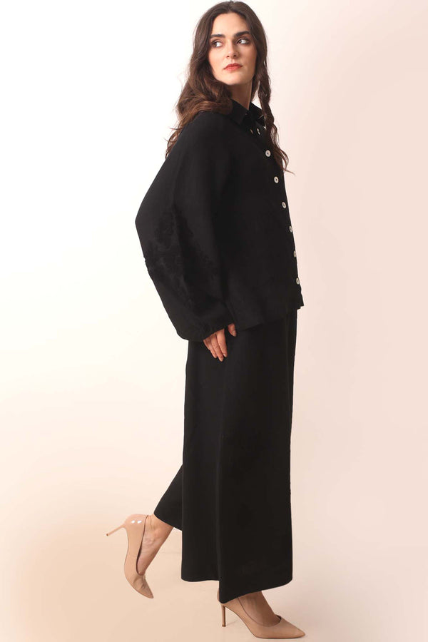 Black Buckley Embroidered Linen Wide-Leg Pants- Pashma Women's
