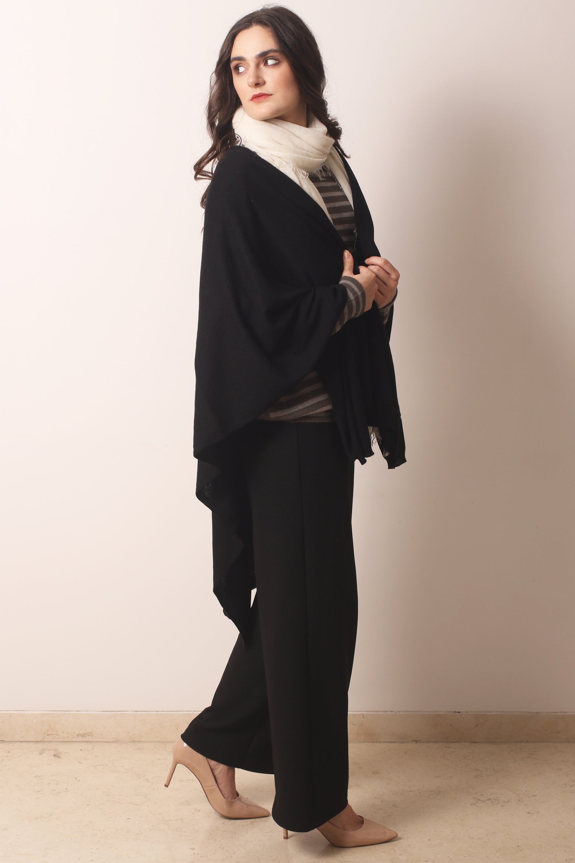 Black Cotton Cashmere Ruana 2- Pashma Women's