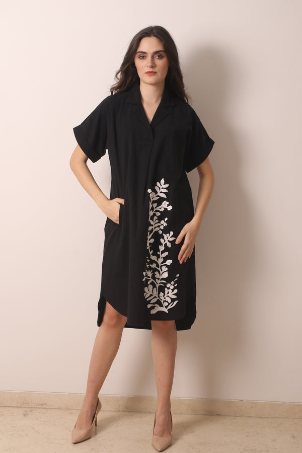 Black Embroidered Cotton Linen Dress- Pashma Women's