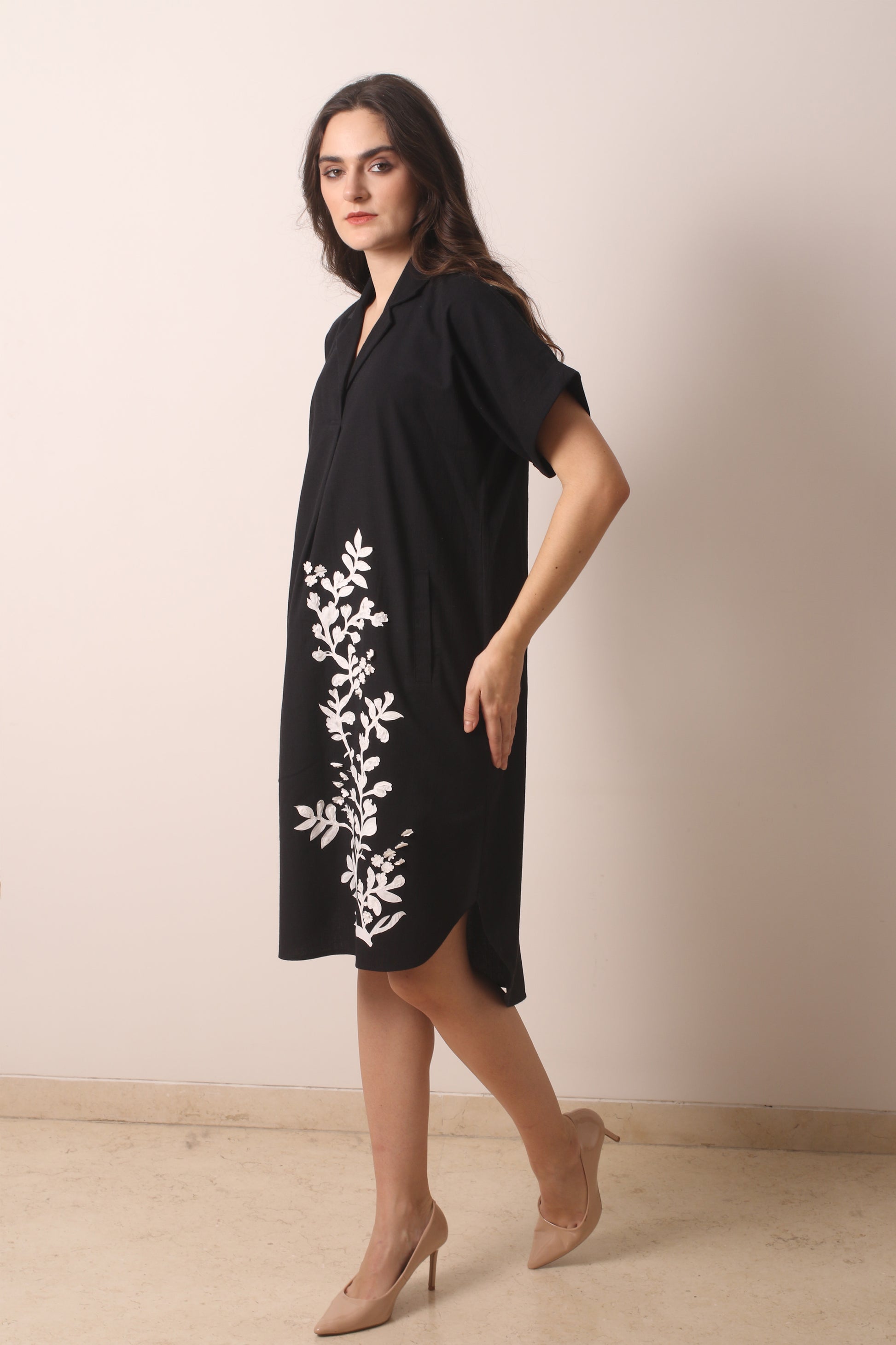 Black Embroidered Cotton Linen Dress 2- Pashma Women's
