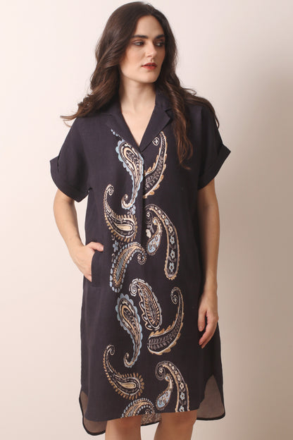 Black Paisley Printed Linen Dress- Pashma Women's
