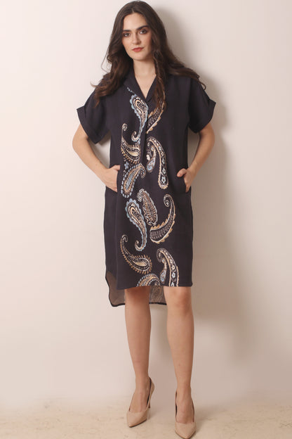 Black Paisley Printed Linen Dress 1- Pashma Women's