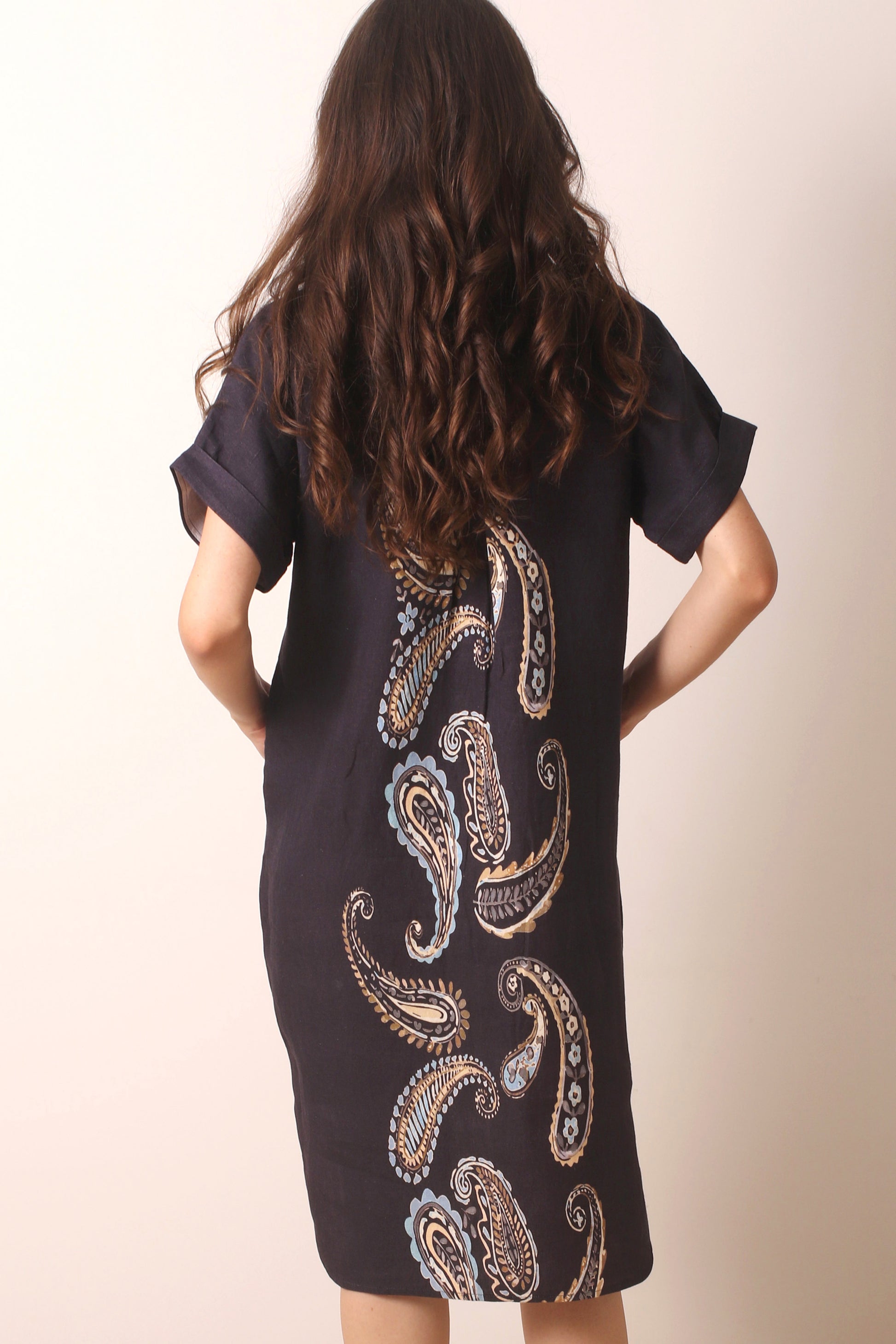 Black Paisley Printed Linen Dress 2- Pashma Women's