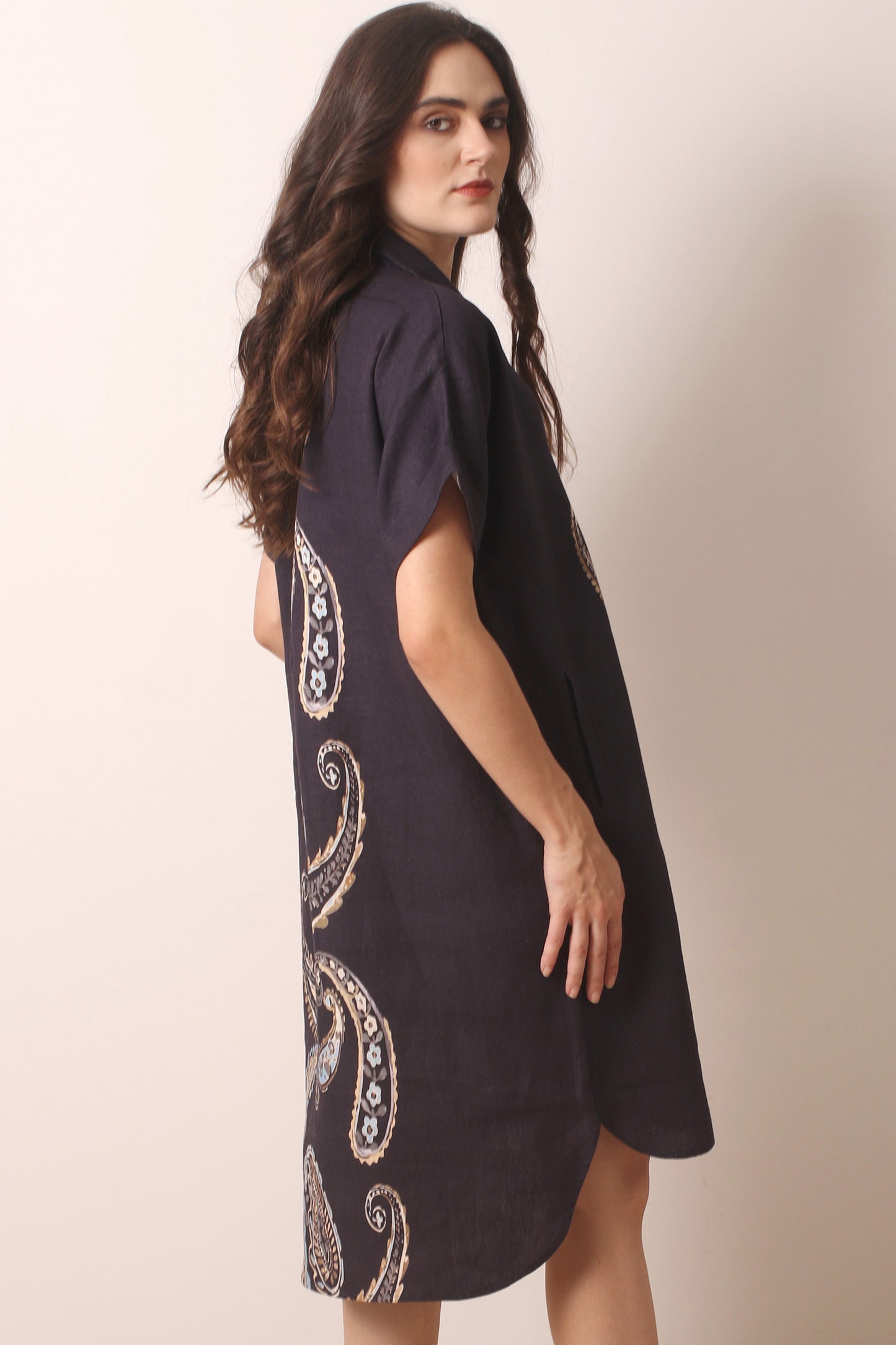 Black Paisley Printed Linen Dress 3- Pashma Women's