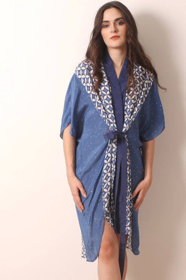 Blue Geometric Viscose Tabby Kaftan Dress- Pashma Women's