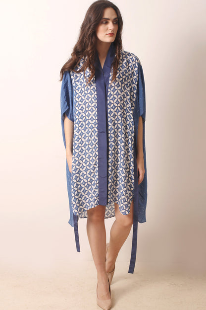 Blue Geometric Viscose Tabby Kaftan Dress 1- Pashma Women's