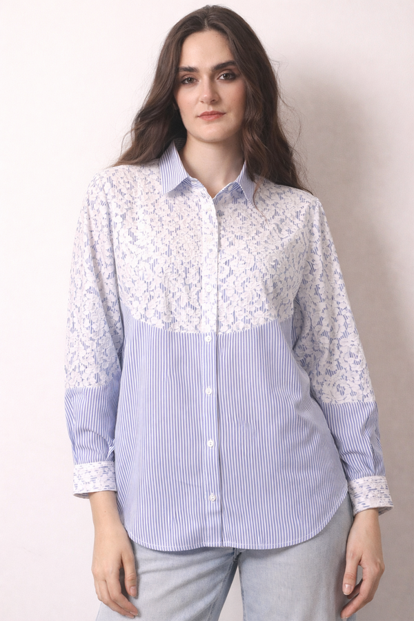 Blue Stripe Lace Panel Shirt- Pashma Women's