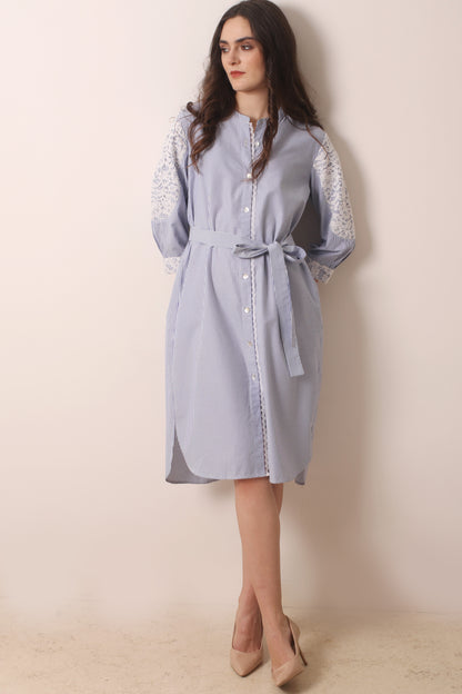 Blue Striped Cotton Lace Dress- Pashma Womens