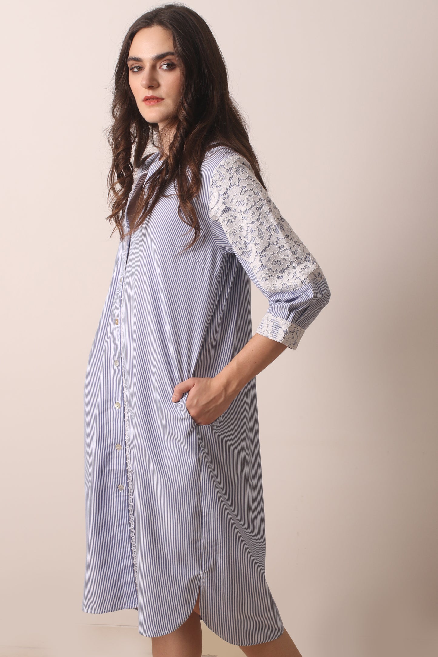 Blue Striped Cotton Lace Dress 2- Pashma Women's