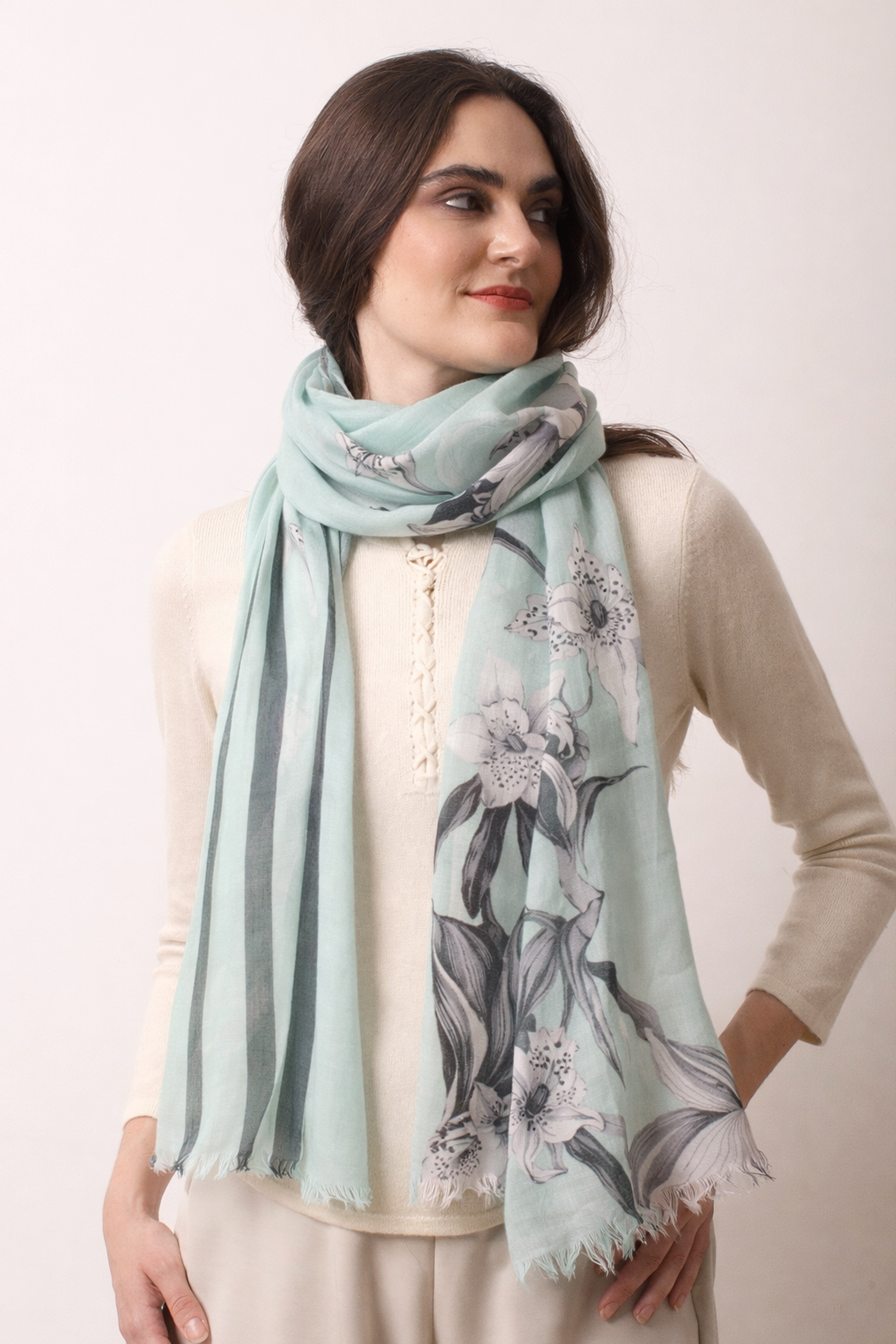 Blue floral silk cashmere scarf- Pashma Women's