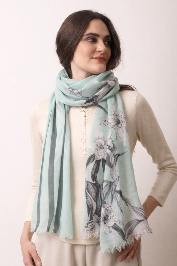 Blue floral silk cashmere scarf- Pashma Women's