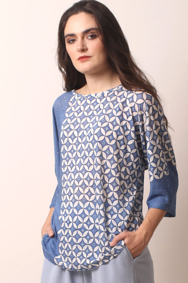 Blue geometric knitted linen T-shirt- Pashma Women's