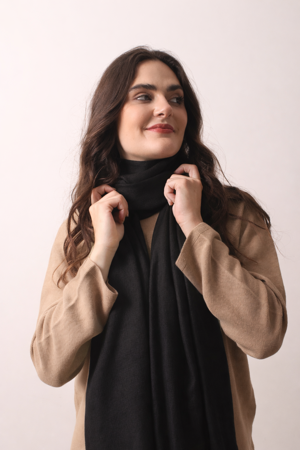 Charcoal Black Silk Cashmere Twill Scarf 1- Pashma Women's