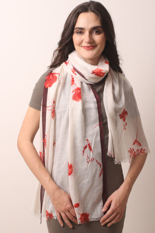 Crimson Floral Silk Cashmere Scarf- Pashma Women's