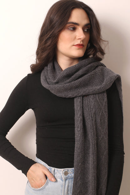 Dark Grey Cashmere Cable Knit Scarf 1- Pashma Women's