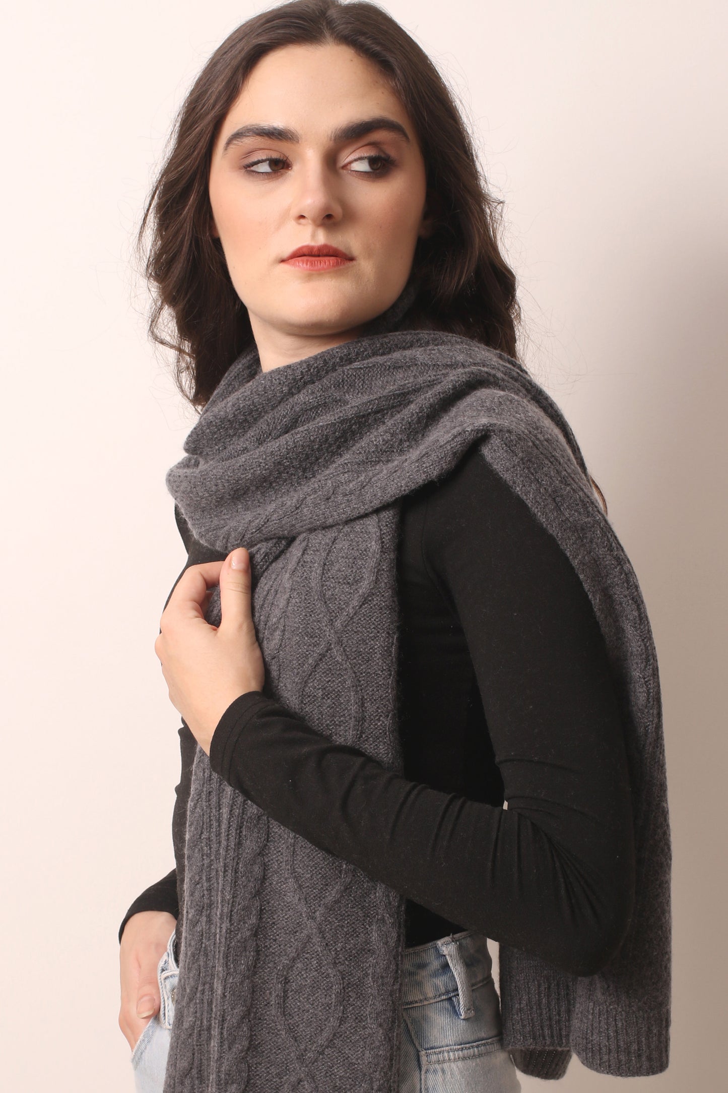Dark Grey Cashmere Cable Knit Scarf 2- Pashma Women's