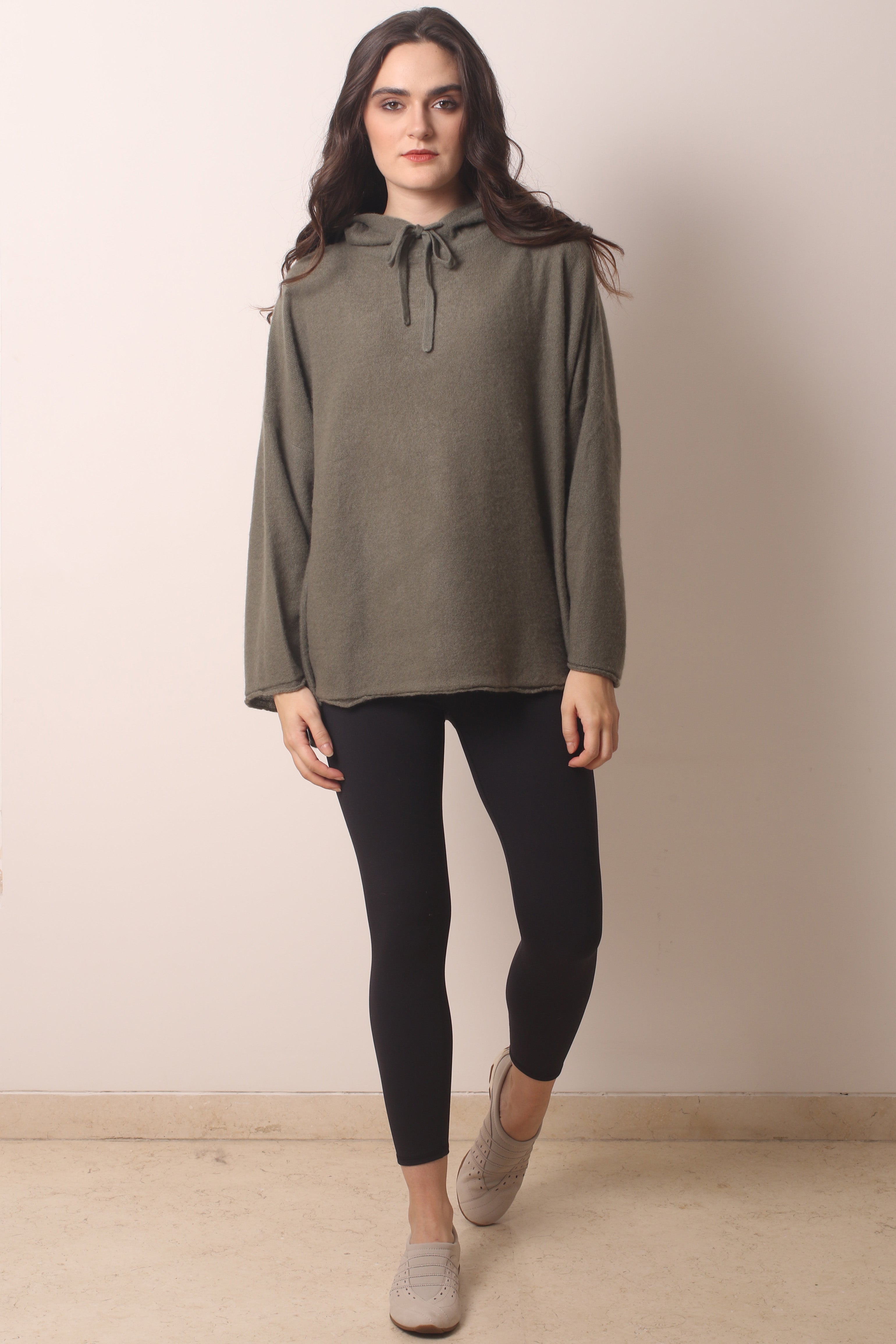 Dark Olive Cashmere Hoodie 3- Pashma Womens