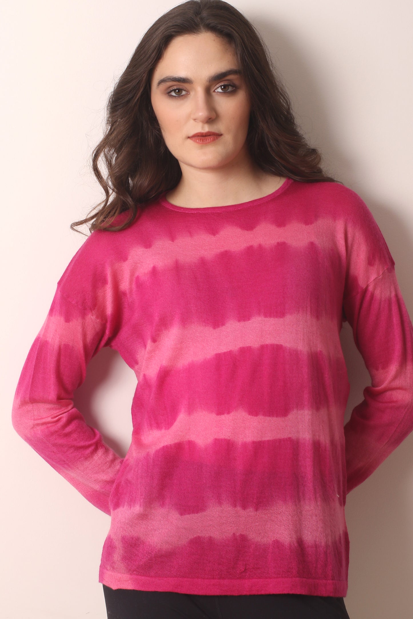Fuchsia Tie & Dye Cashmere T shirt 1- Pashma Women's