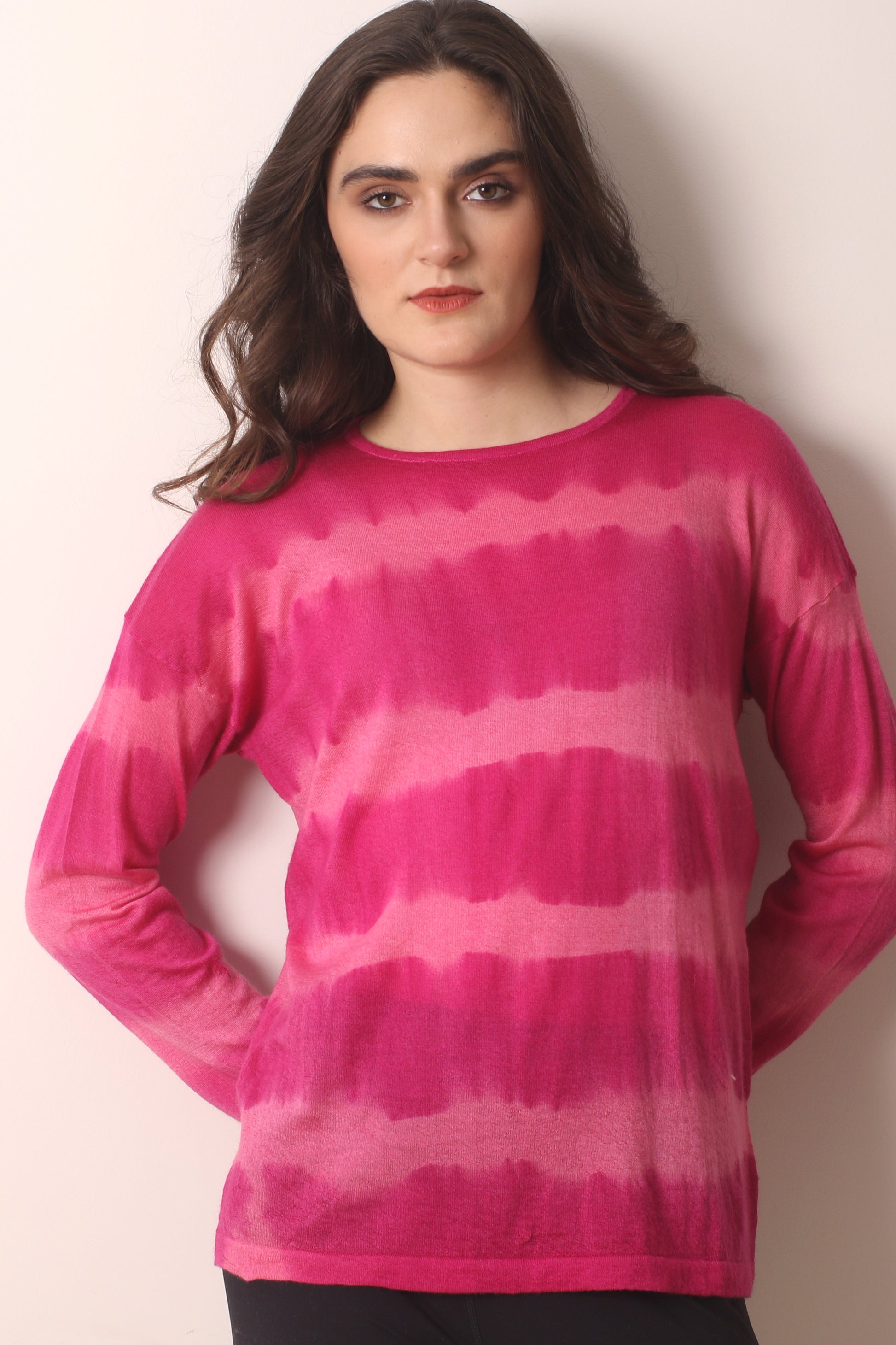 Fuchsia Tie & Dye Cashmere T shirt 1- Pashma Women's