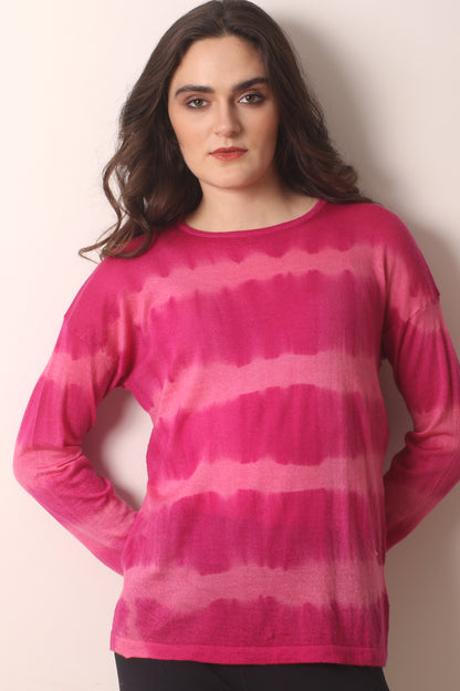 Fuchsia Tie & Dye Cashmere T shirt 1- Pashma Women's