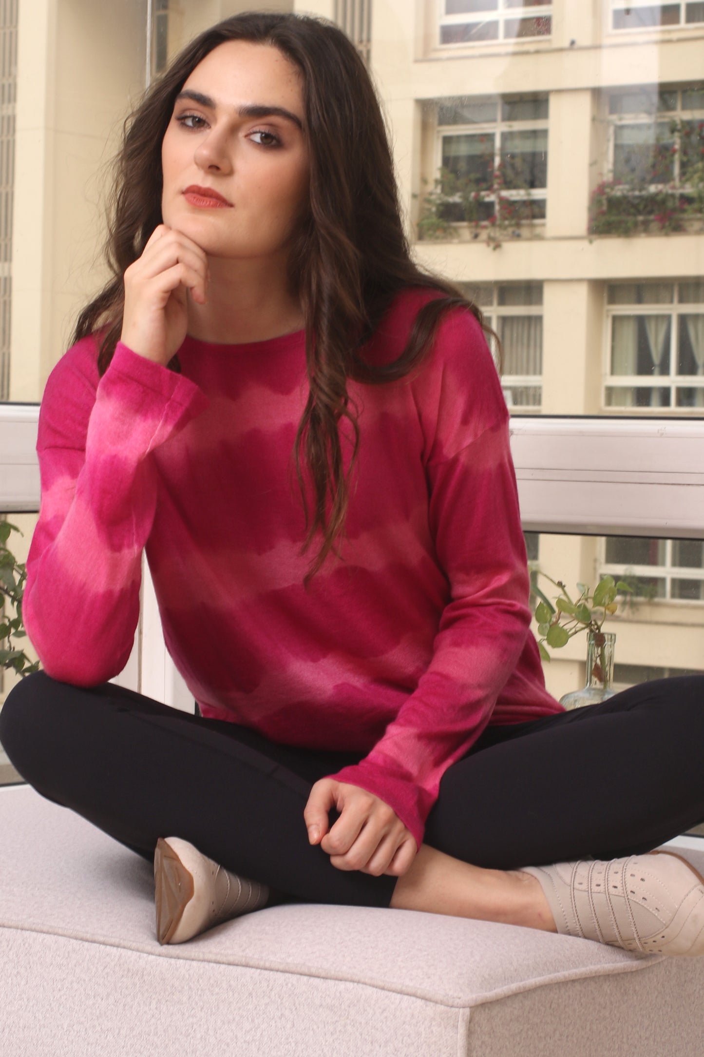 Fuchsia Tie & Dye Cashmere T shirt 3- Pashma Women's