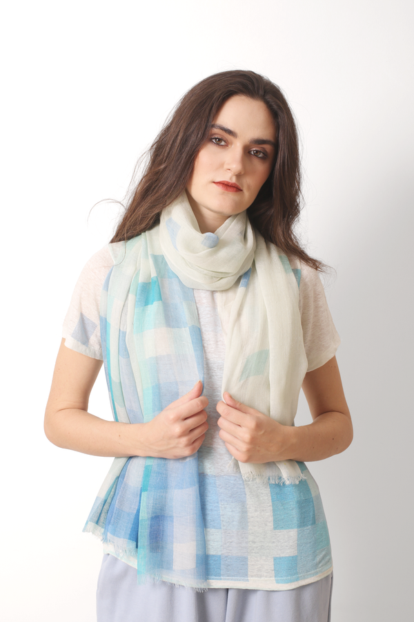 Pastel Check Geometric Silk Cashmere Scarf